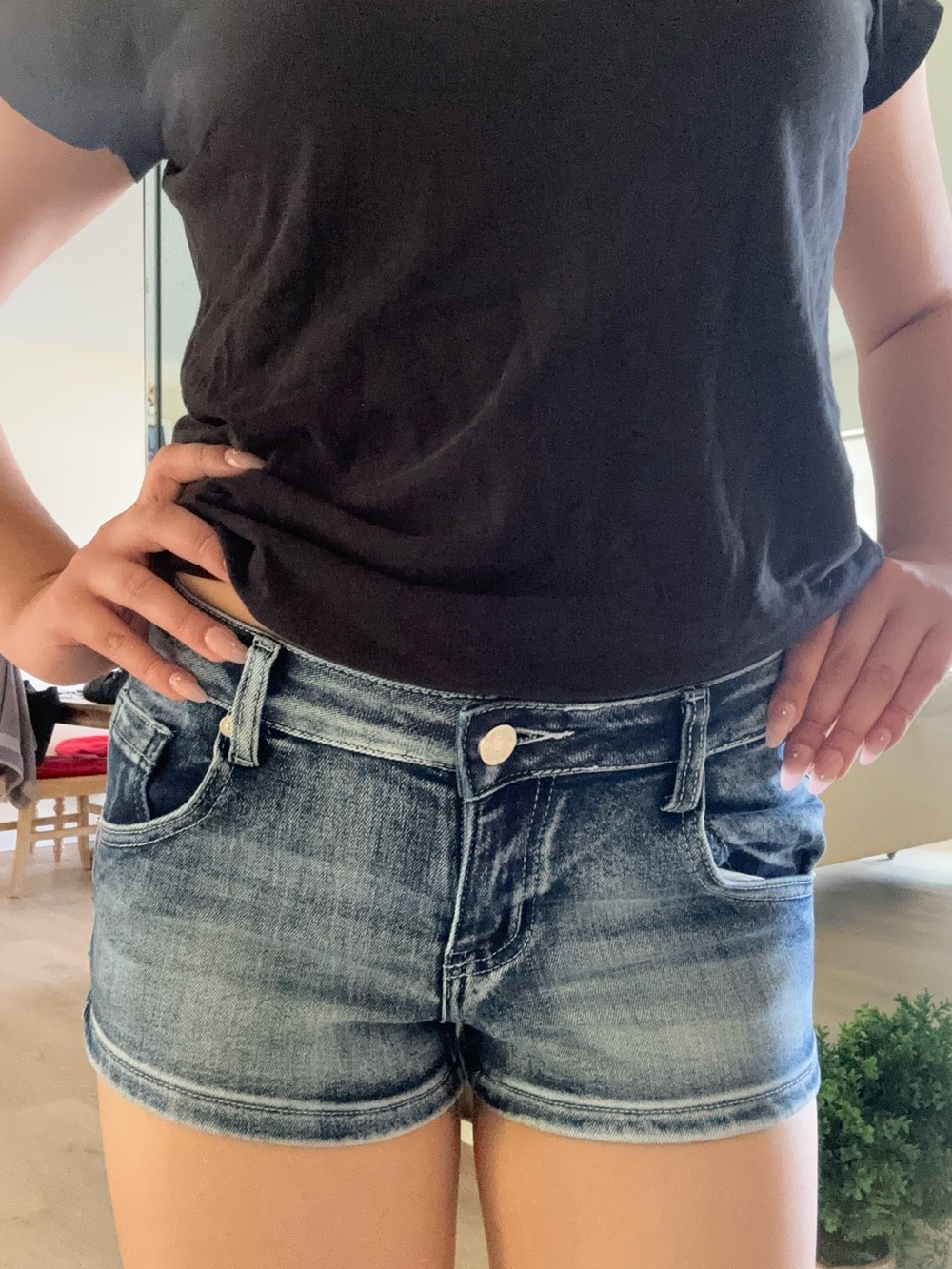 mid rise light blue denim shorts